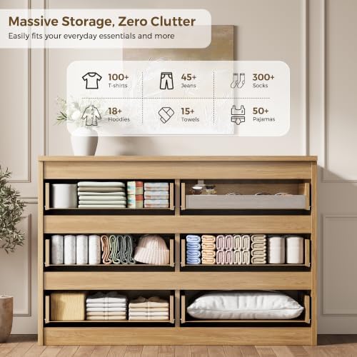 Jocoevol 6 Drawer Fluted Dresser, Modern Chest of Drawers for Bedroom with Hidden Handles, Wood Storage Organizer Cabinet for Living Room & Entryway, Natural Oak (15.7" D x 47.3" W x 31.6" H) - Image 3