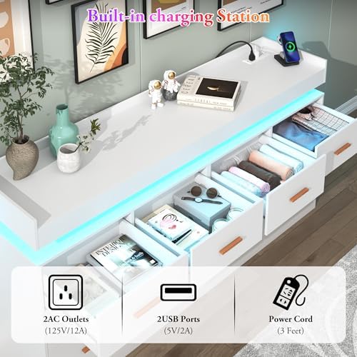 Hlivelood 12 Drawer Dresser with LED Light and Charging Station, Modern Chest of Drawers for Closet, Wide Drawer Organizer Cabinet, Living Room, Entryway, Hallway, White - Image 5