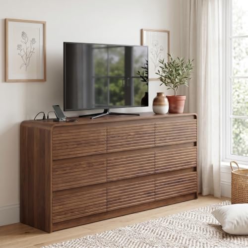 Gyfimoie Walnut Fluted 9-Drawer Dresser for Bedroom w/Power Outlet - Image 2