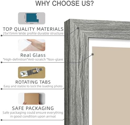 Hongkee 12x12 Picture Frame Set of 4 - Made of Glass and Grey Wooden Frame, Display Square Pictures 10x10 with Mat or 12 x 12 without Mat, Desktop & Wall Collage Photo Frame - Image 6