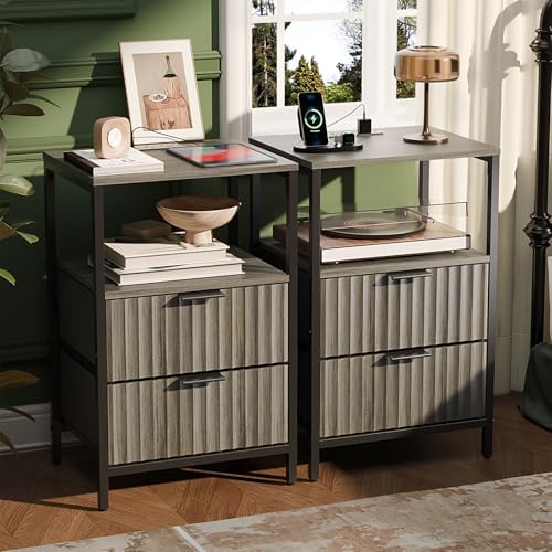 VINGLI Night Stand Set 2 with Charging Station and Fabric Drawers, Fluted Grey Night Stand Set of 2, Gray Nightstand with Drawers, Grey Bedside Tables/End Tables for Bedroom, 14.96"W*11.81"D*23.78"H by VINGLI