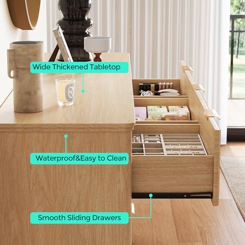 LINSY Fluted Dresser for Bedroom with 9 Drawers, Mid Century Modern Chest of Drawers with Gold Metal Handles, Wide Boho Wood Dressers, Large Farmhouse Storage Cabinet for Bedroom, Living Room, Oak - Image 6