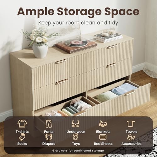 MALOL Modern Fluted 6 Drawer Dresser, Wide Wooden Storage Cabinet with Metal Handles, Silent Glide Drawers, Anti-Tip Chest for Bedroom, Living Room, Natural Wood, 47 Inch - Image 4