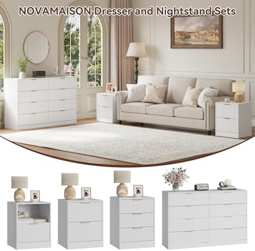 8 Drawer Dresser & 2-Drawer Nightstand Set 3-Piece, White丨55 Wide Fluted White Dresser and Night Stand Set of 2 Modern Wood Chest of Drawers Storage Dressers Set for Bedroom - Image 4