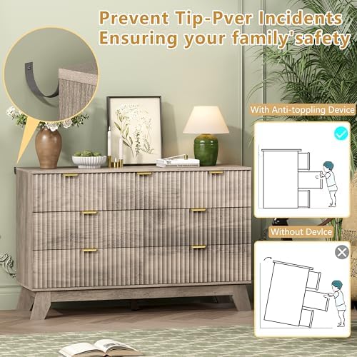 Wodeer 7 Drawer Fluted Dresser for Bedroom, Mid Century Modern Wooden Dresser with 7 Drawers, Dressers & Chests of Drawers with Metal Handle, TV Stand & Storage Organizer for Entryway, Hallway, Grey - Image 6