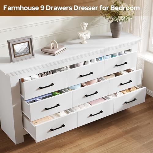 9 Drawer Dresser for Bedroom, Wood Dresser Chests of Drawers with Metal Handle, Triple Wide Dressers, Vintage Design Storage Chest Cabinet and Organizer Drawers for Closet, Hallway, Entryway, White - Image 6