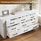 9 Drawer Dresser for Bedroom, Wood Dresser Chests of Drawers with Metal Handle, Triple Wide Dressers, Vintage Design Storage Chest Cabinet and Organizer Drawers for Closet, Hallway, Entryway, White - Image 6