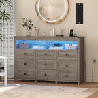 Wodeer 9 Drawer Dresser for Bedroom with LED Lights, Charging Station, Wood Chest of Drawers with Metal Handles, Modern TV Stand & Storage Organizer for Bedroom, Hallway, Grey by WODEER