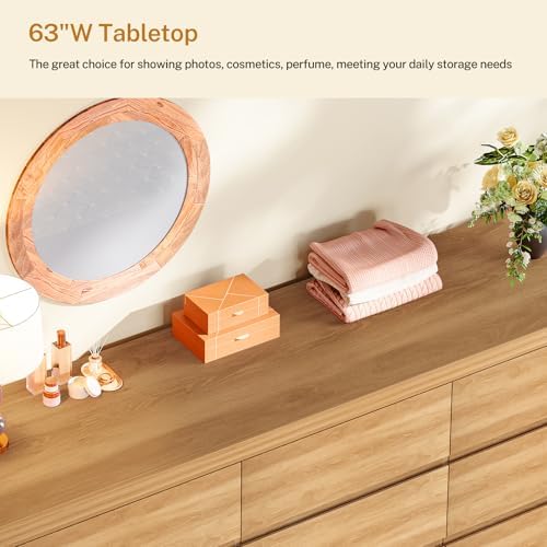 TEENFON 63" Dresser for Bedroom with 9 Drawers, Modern Dressers & Chests of Drawers with Thicker Panels, Wooden Dresser TV Stand, Bedroom Dressers, for Bedroom, Hallway, Natural - Image 7
