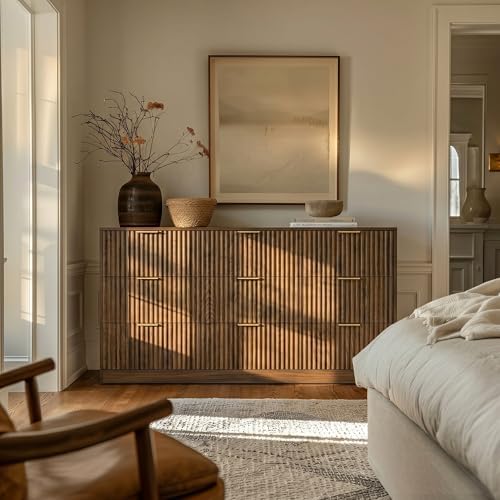 Walnut 9 Drawer Dresser for Bedroom, 63" Wide Modern Fluted Chest of Drawers, Wooden Dresser with Gold Metal Handles, Mid Century Large Dresser TV Stand for Living Room Hallway - Image 5