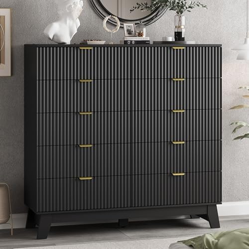 Xixini Fluted Dresser for Bedroom with 10 Drawers, 48" Wide Modern Chest of Drawers with Metal Handle, Wooden Dresser TV Stand, Wood Closet Clothes Storage Organizer for Living Room, Hallway, Black by Xixini