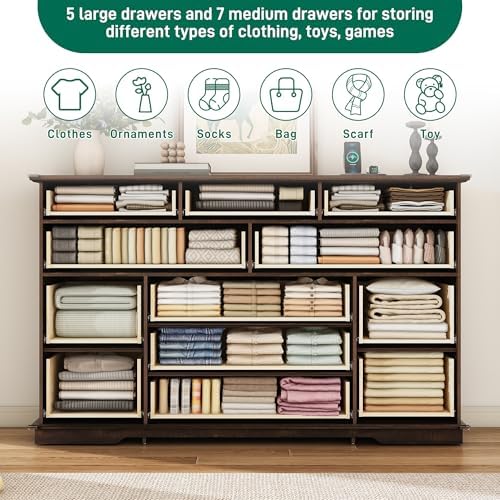 jiteentarou Farmhouse 12 Drawer Dresser for Bedroom,63” Wood Dresser & Chest of Drawers with Power Outlets,Large & Wide Dressers for Bedroom,Tall Storage Dresser Organizer(Rustic Brown) - Image 6
