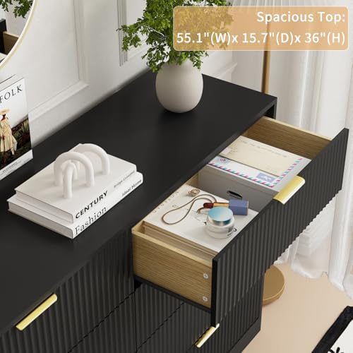 8 Drawer Fluted Dresser with Deep Drawers for Bedroom, Black丨55 Wide Modern Double Dresser, Wooden Chest of Dressers for Closet, Living Room Hallway and Entryway - Image 4