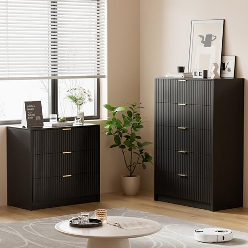 Furniway Black Dresser for Bedroom, Modern Dresser with 5 Drawers and Smooth Slides, Wide Chest of Drawers with Golden Handles for Bedroom, Living Room, Closet, 15.7" D x 31.5" W x 47.2" H - Image 6