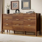 63in Walnut Fluted 9 Drawer Dresser for Bedroom,Mid Century Wood Chest by HOUROMDresserforBedroom