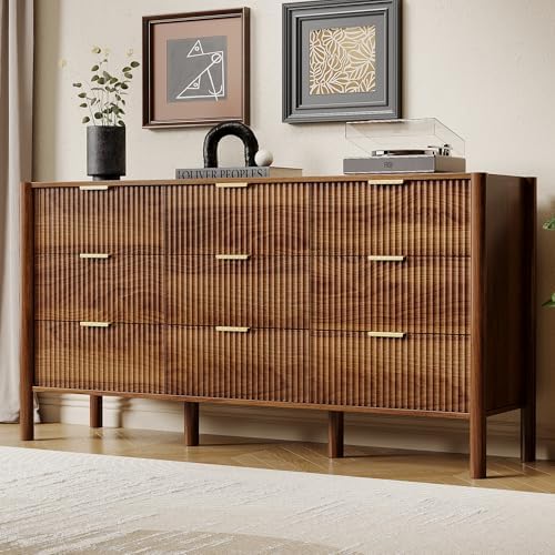 63in Walnut Fluted 9 Drawer Dresser for Bedroom,Mid Century Wood Chest by HOUROMDresserforBedroom