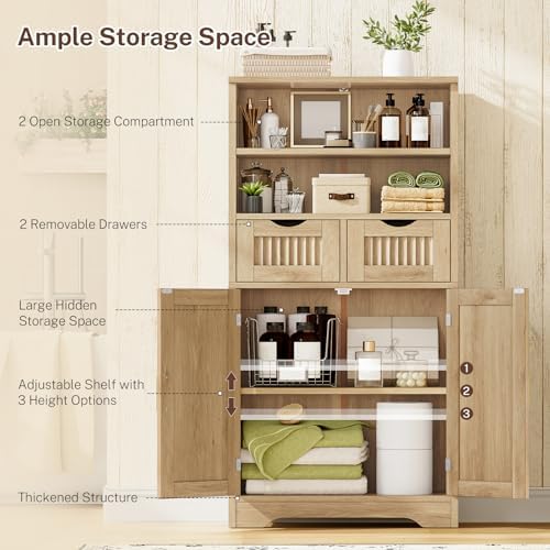 Iwell Tall Storage Cabinet, Fluted Cabinet with 2 Drawers & Adjustable Shelf, Bathroom Storage Cabinet, Kitchen Pantry Storage Cabinet, for Living Room, Dining Room, Home Office, Natural Oak - Image 4