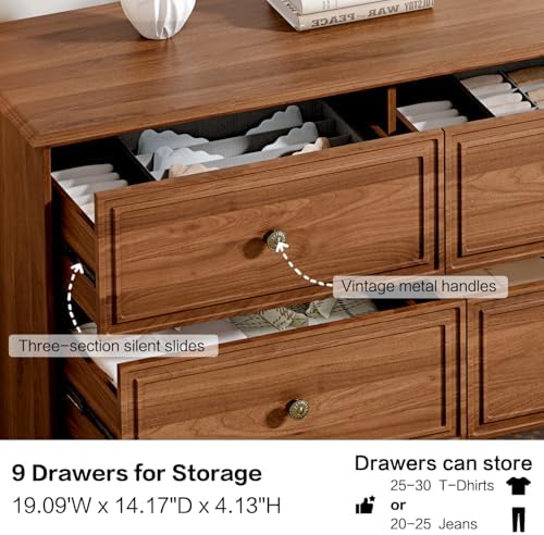 Chrangmay 9 Drawer Dresser,63" Wide Mid Century Chest of Drawers,Wooden Bedroom Drawer Dresser with 9 Storage Drawers for Bedroom,Living Room,with Anti-Tipping Device,Umber. - Image 7