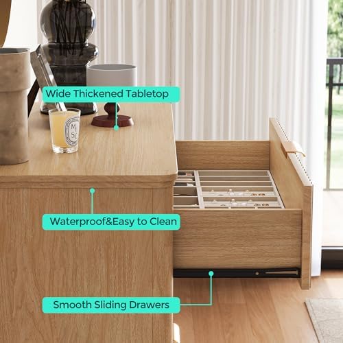 LINSY Fluted 5 Drawer Dresser for Bedroom, 46" Tall Mid-Century Modern Chest of Drawers, Deep Storage Dresser with Curved Corner Design, Large Accent Wood Cabinet for Bedroom, Oak - Image 4