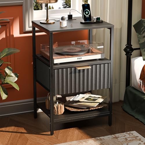 VINGLI Nightstand with Charging Station and Fabric Drawer, Fluted Night Stand with Drawer, Bedside Table/Small Night Stand with Charger Station for Bedroom, Dorm, 14.96" W*11.81" D*23.7" H, 1 pc by VINGLI