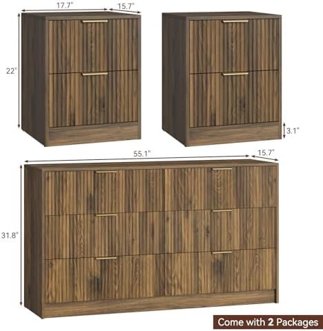 6 Drawer Dresser & 2-Drawer Nightstand Set 3-Piece, Walnut丨55 Wide Bedroom Set Night Stand Set of 2 with Metal Handle, Fluted Wood Chest of Drawers Storage Dressers Set for Bedroom - Image 2