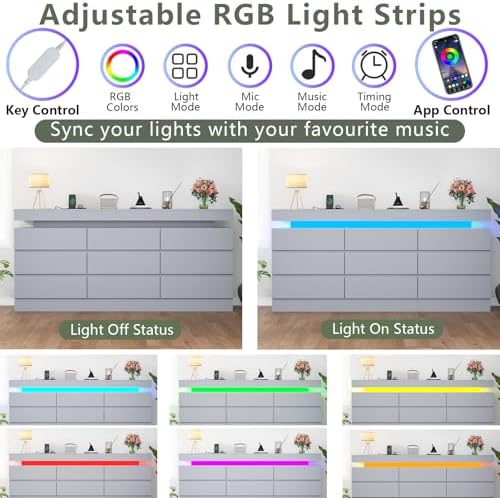 Gyfimoie 9 Drawer Dresser with Power Outlet, Modern Dresser with LED Light - Image 4