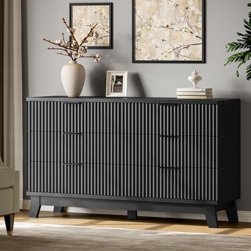 Xixini Fluted Dresser with 6 Drawers, 54" Wide Modern Chest of Drawers with Metal Handle, Wooden Dresser TV Stand, Wood Closet Clothes Storage Organizer for Bedroom, Living Room, Hallway, Solid Black - Image 3