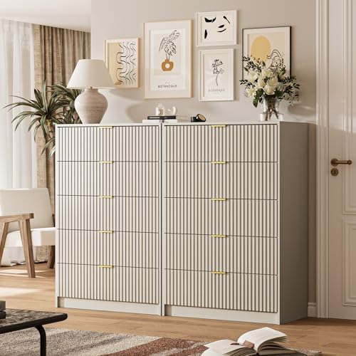 MAISONARIA 5 Drawer Dresser for Bedroom, Tall Dresser Chest of Drawers with Gold Handles, 32 Inch Wide Nightstand with for Bedroom, Living Rooms, Offices, and Entryways, Beige - Image 3