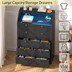 Black Dresser Tall 5 Drawer Dresser for Bedroom, Wood Chest of Drawers with LED Lights, Charging Station, Metal Handles, Modern Storage Cabinet and Organizer Drawers for Living Room, Hallway - Image 6