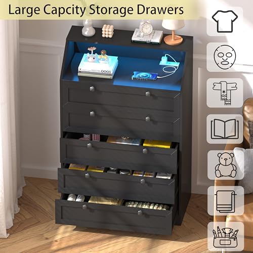 Black Dresser Tall 5 Drawer Dresser for Bedroom, Wood Chest of Drawers with LED Lights, Charging Station, Metal Handles, Modern Storage Cabinet and Organizer Drawers for Living Room, Hallway - Image 6