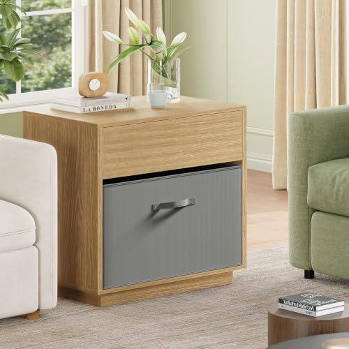 TEENFON Night Stand with Drawer and Open Shelf, Nightstands Bedside Table with Removable Fabric Drawer, Night Stands for Bedroom, Small Space, Natural - Image 5