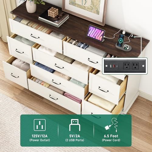 jiteentarou Farmhouse 9 Drawer Dresser for Bedroom,63” Wood Dresser & Chest of Drawers with Power Outlets,Large & Wide Dressers for Bedroom,Tall Storage Dresser Organizer(White) - Image 4