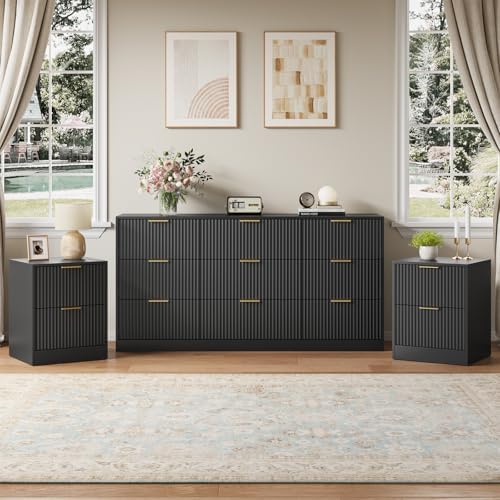 9 Drawer Dresser & 2-Drawer Nightstand Set 3-Piece, Black丨63 Wide Fluted Bedroom Dresser Set Night Stand Set of 2, Modern Wood Chest of Drawers Storage Dressers Set for Bedroom by NOVAMAISON