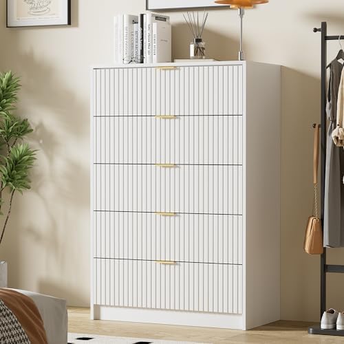 Furniway White Dresser for Bedroom, Modern Dresser with 5 Drawers and Smooth Slides, Wide Chest of Drawers with Golden Handles for Bedroom, Living Room, Closet, 15.7" D x 31.5" W x 47.2" H - Image 4