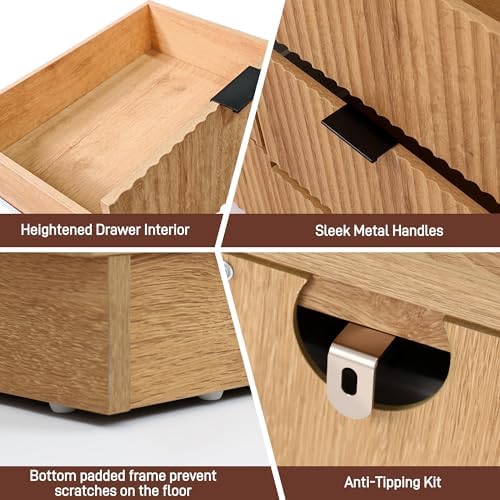 Fluted 9 Drawers Dresser for Bedroom, 63" Wood Dresser w/Power Outlet and Deep Drawers, Wide Chest of Drawers, Modern Closet Dressers for Living Room, Upgraded Version w/Wooden Drawers, Oak - Image 5