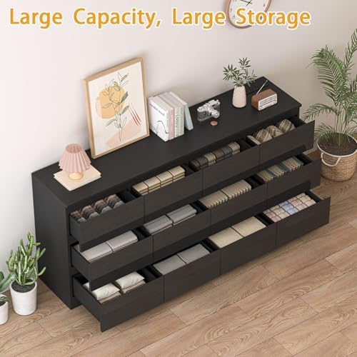 12 Drawers Dresser with Charging Station, Modern Large Dresser with 12 Handle Free Drawers, Wood Storage Chest of Drawers for Bedroom, Living Room, Entryway, Hallway, Black - Image 4