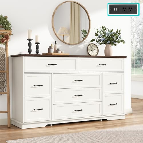 jiteentarou Farmhouse 9 Drawer Dresser for Bedroom,63” Wood Dresser & Chest of Drawers with Power Outlets,Large & Wide Dressers for Bedroom,Tall Storage Dresser Organizer(White) by jiteentarou