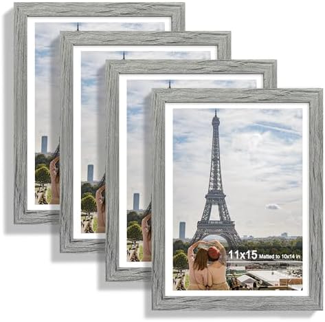 Hongkee 11x15 Picture Frame Set of 4, Made of Real Glass and Grey Frame - Display Picture 10x14 with Mat or 11x15 Without Mat, 11 by 15 Photo for Wall Mounting by Hongkee
