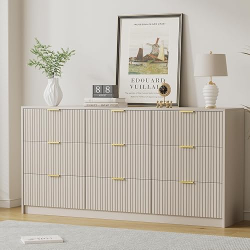 Furniway 9 Drawer Dresser for Bedroom, 63" Wide Dresser with Gold Handles, Modern Wood Chest of Drawers Storage Cabinet, Fluted Long Dresser for Bedroom, Living Room, Hallway, Beige - Image 6