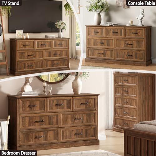 Farmhouse 7 Drawer Dresser for Bedroom, 55" Walnut Dresser with TV Stand - Image 3