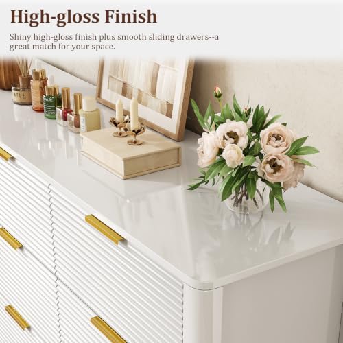 Fluted 6 Drawer Dresser, 47" High Gloss Dresser for Bedroom, White - Image 6
