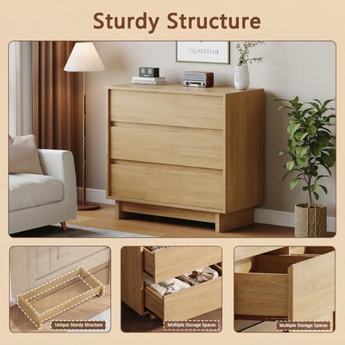 HOUROM Oak Dresser for Bedroom, 31in Modern 3 Drawer Chest of Drawers - Image 3
