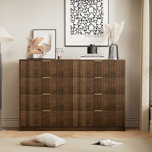 Furniway Walnut Dresser for Bedroom, Modern Dresser with 8 Drawers and Smooth Slides, Wide Chest of Drawers with Golden Handles for Bedroom, Closet, 15.7" D x 55" W x 37.4" H - Image 6