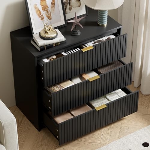Furniway Black Dresser for Bedroom, Modern Dresser with 3 Drawers and Smooth Slides, Wide Chest of Drawers with Golden Handles for Bedroom, Living Room, Closet, 15.7" D x 31.5" W x 29.6" H - Image 4