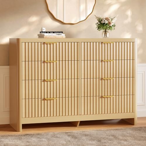 Fluted 8 Drawer Dresser for Bedroom, 47" Wide Modern Chest of Drawers with Metal Handle & Storage, Wooden Dresser TV Stand, Closet Clothes Storage Organizer for Living Room, Natural Oak Dresser by Varello