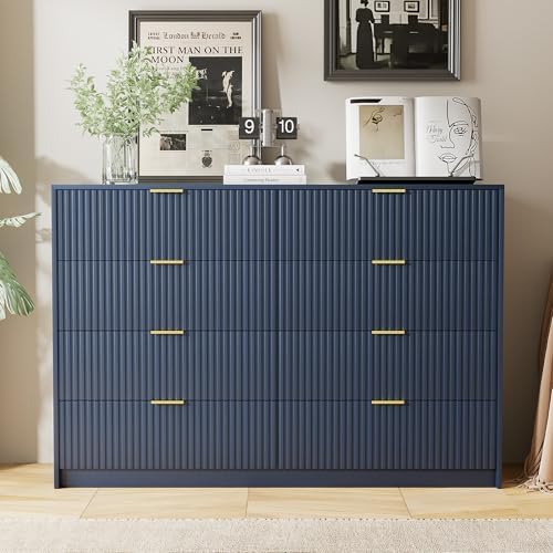 Furniway Navy Blue Dresser for Bedroom, Modern Dresser with 8 Drawers and Smooth Slides, Wide Chest of Drawers with Golden Handles for Bedroom, Closet, 15.7" D x 55" W x 37.4" H - Image 6
