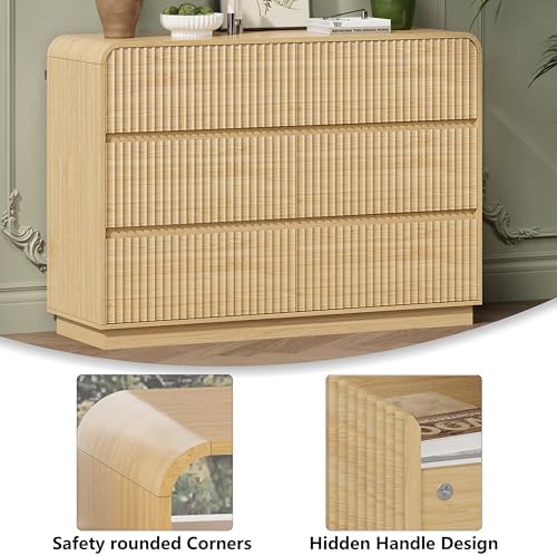 Wodeer Oak Dresser Fluted 6 Drawers Dresser for Bedroom, 47" Wide Wood Chest of Drawers with Hidden Handles & Rounded Corners, Modern TV Stand Storage Cabinet for Living Room, Hallway, Entryway - Image 5