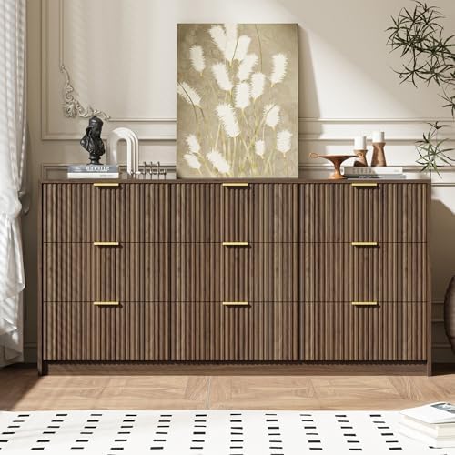 MAISONARIA 9 Drawer Dresser for Bedroom, 63" Wide Modern Fluted Dresser with Gold Metal Handles, Chest of Drawers for Bedroom, Living Room, Entryway, Hallway, Walnut - Image 6