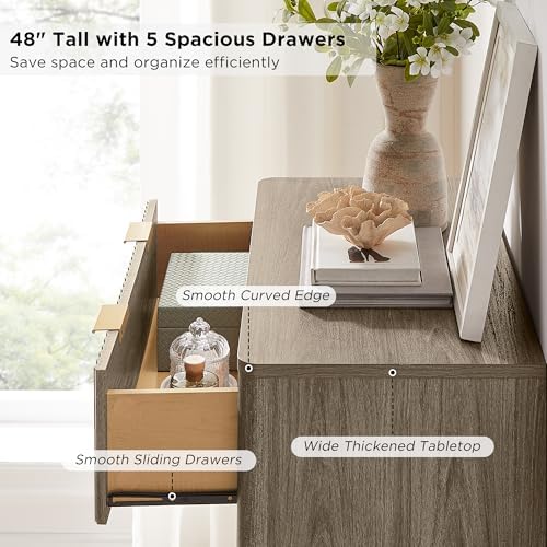 T4TREAM 48" Tall Fluted 5 Drawer Dresser for Bedroom, Grey Alder - Image 4
