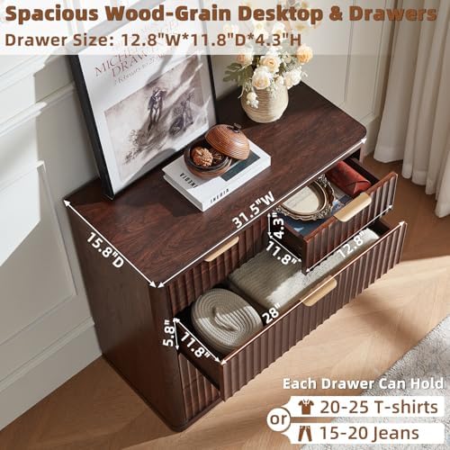 LEYAOYAO Fluted 5 Drawers Dresser for Bedroom Set of 2, 34" Tall Modern Chest of Drawers with Metal Handle, Curved Profile Design,Walnut Wood Drawer Organizer for Bedroom, Living Room, Hallway - Image 2